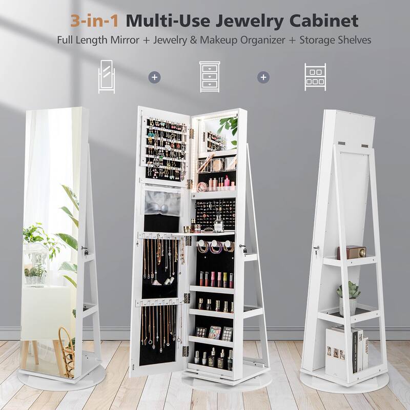 Gymax Rotating Mirrored Jewelry Cabinet with Mirror Storage Shelves