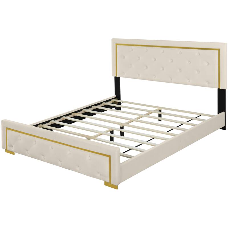 Velvet Upholstered Platform Bed With Pull Point Headboard And Metal Wire Frame