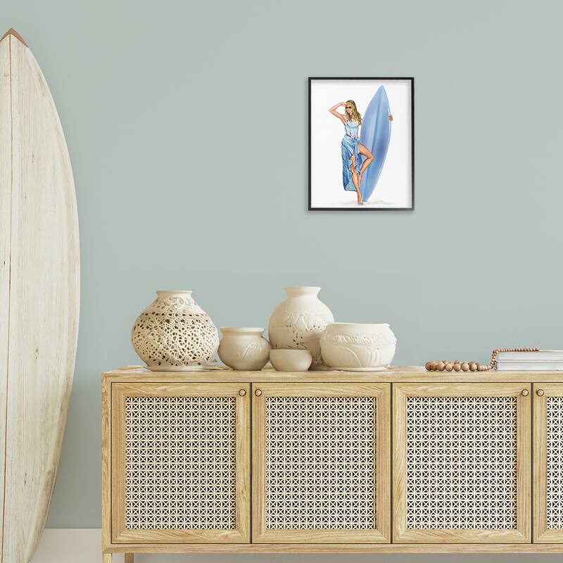 Stupell Trendy Surfer Girl in Blue Framed Giclee Art Design By Ziwei Li