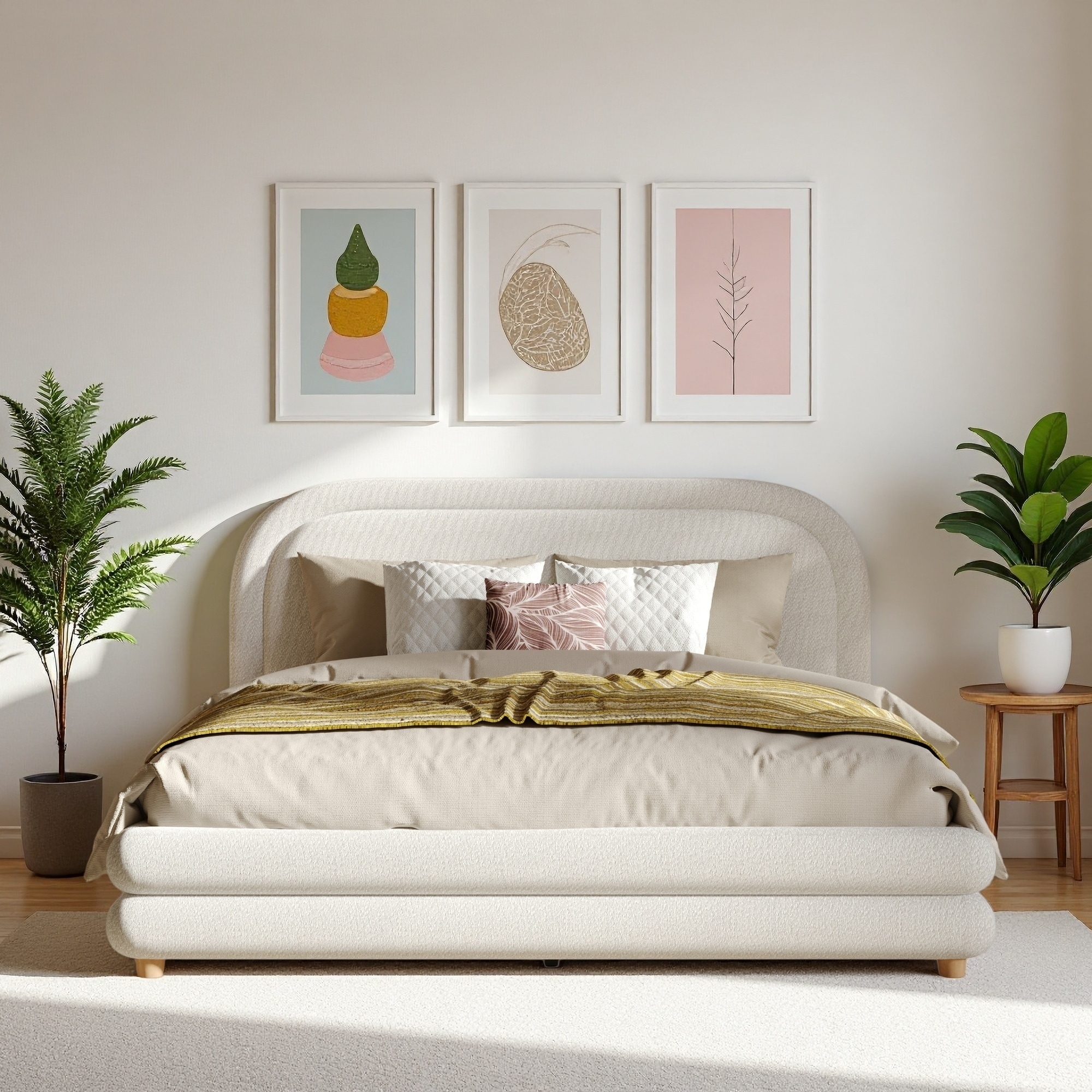 Upholstered Platform Bed Frame with Curved Headboard and Solid Wood Legs