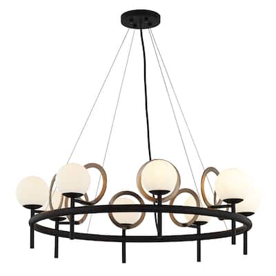 EVOLV Fusion Halo 8-Light Matte Black with Brass Ring Chandelier with Opal Glass