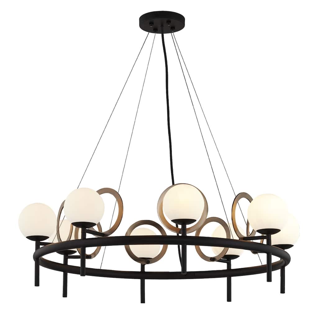 EVOLV Fusion Halo 8-Light Matte Black with Brass Ring Chandelier with Opal Glass