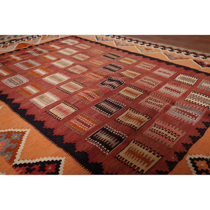 Vegetable Dye Orange Tribal Kilim Qashqai Persian Vintage Wool Carpet - 5'4"x 7'2"