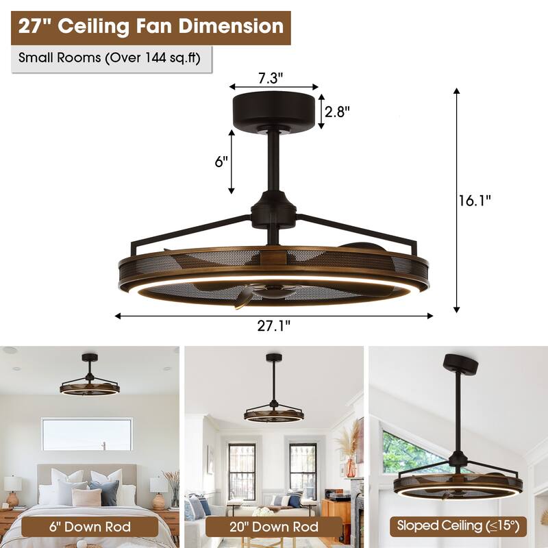 27" Matte Black ABS 3-blade LED Fandelier Bladeless Ceiling Fan with Light and Remote