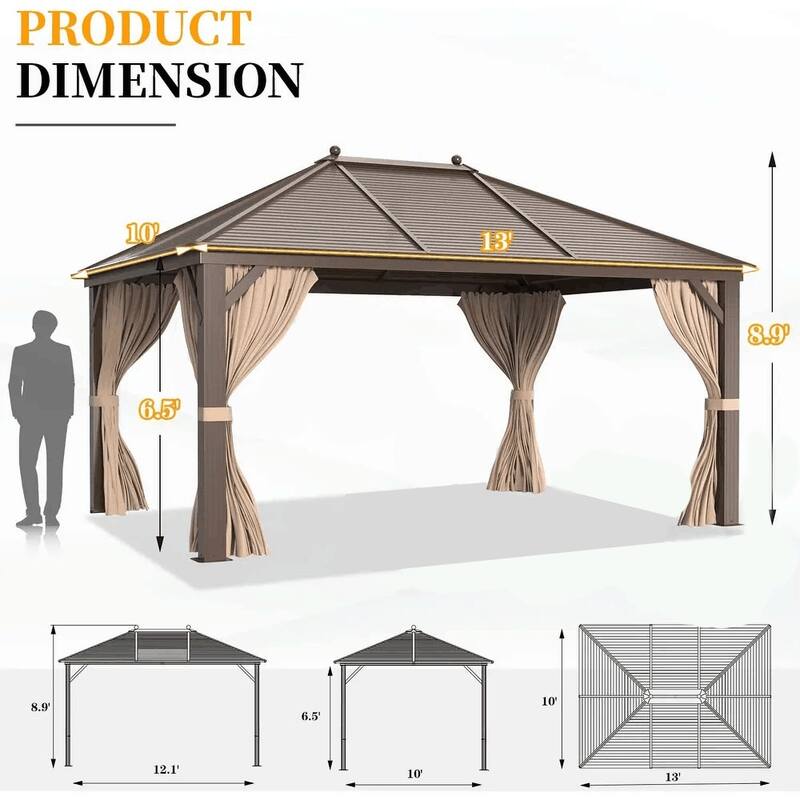 Outdoor Pro Series Galvanized Steel Hardtop Patio Gazebo Pergola w/Aluminum Frame, Prime Curtains and nettings include