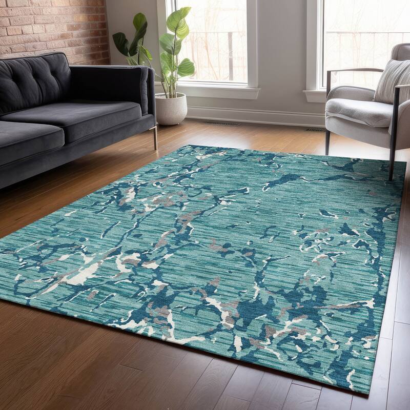 Machine Washable Indoor/ Outdoor Abstract Camo Chantille Rug - Teal - 9' x 12'