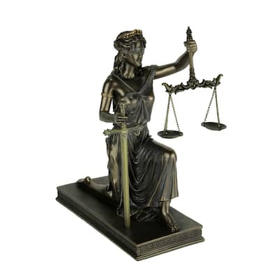 Bronze Lady Justice Holding Balance Scales And Sword Resin Statue - 9.5 X 8 X 4 inches