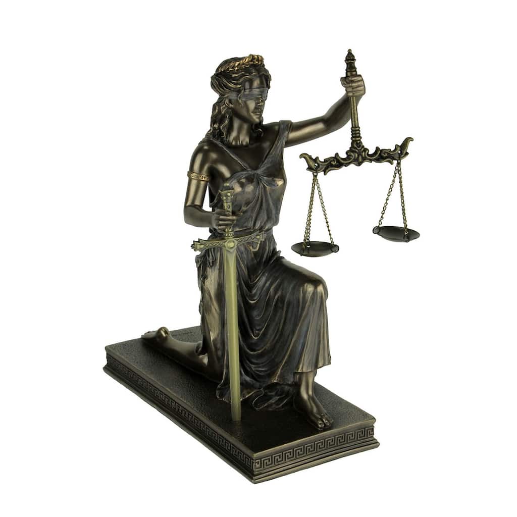 Bronze Lady Justice Holding Balance Scales And Sword Resin Statue - 9.5 X 8 X 4 inches
