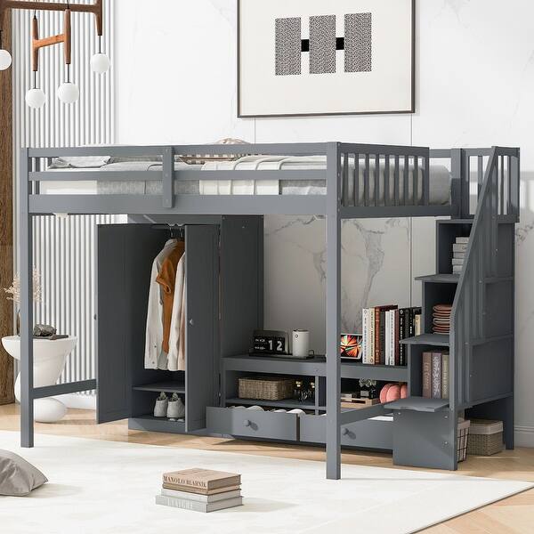 slide 2 of 18, Full Size Loft Bed Frame with Low Storage Table,Storage Staircase and Wardrobe Grey