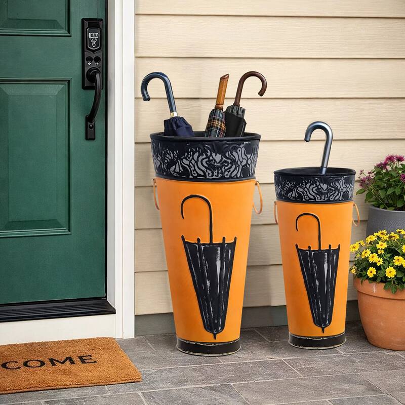 21, 16 Inch Metal Umbrella Stands, Engraved Artwork, Set of 2, Antique Brown, Black