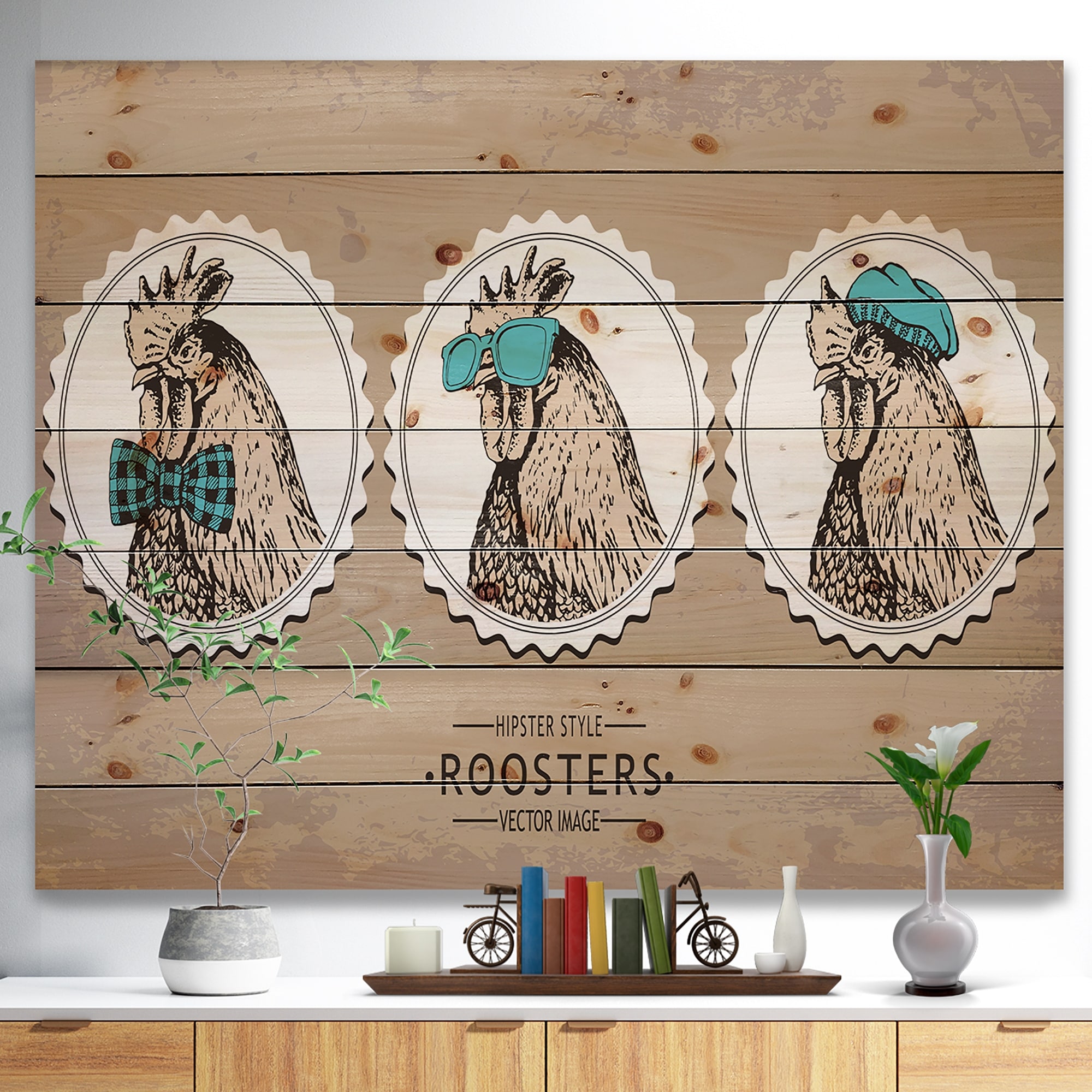 Designart 'Handdrawn vintage rooster hipster style' Farmhouse Animals of  Print on Natural Pine Wood Brown On Sale Bed Bath  Beyond 23107636