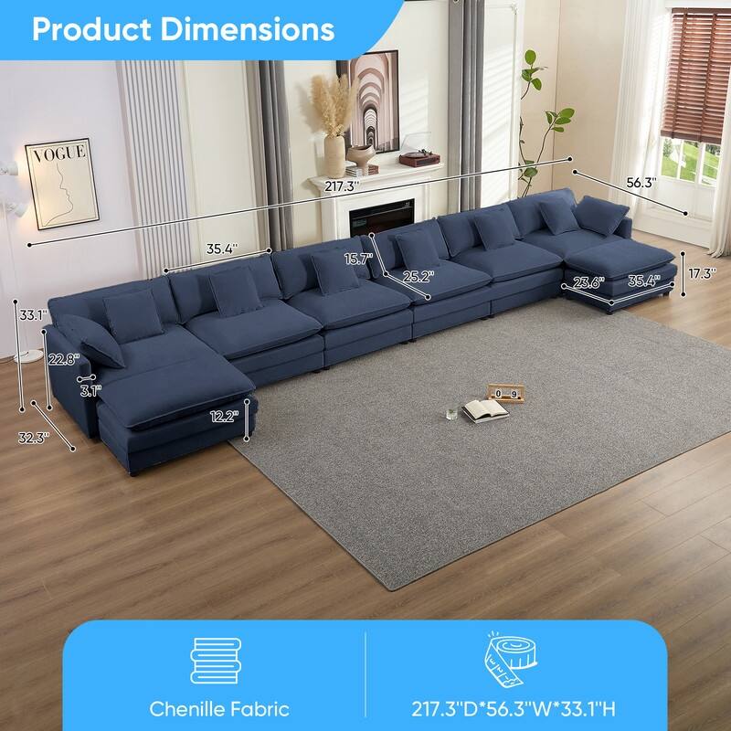 Mixoy 217''U-Shaped Modular Sectional Sofa,8-Seater Cloud Couch with Ottoman and Cushions,Sleeper Deep Seat Couches - 6+2