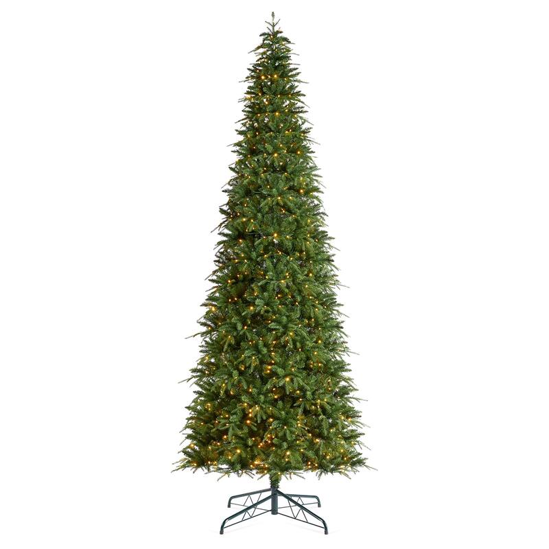 Glitzhome 11ft Pre-Lit Green Slim Fir Artificial Christmas Tree with 850 LEDs & 9 Light-Modes