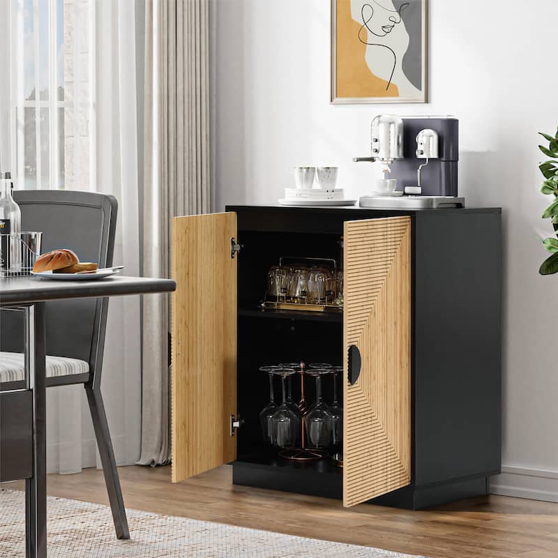 Modern Boho 2-Door Black Accent Cabinet with Bamboo Strips - 33.9" H x 31.5" W x 15.7" D