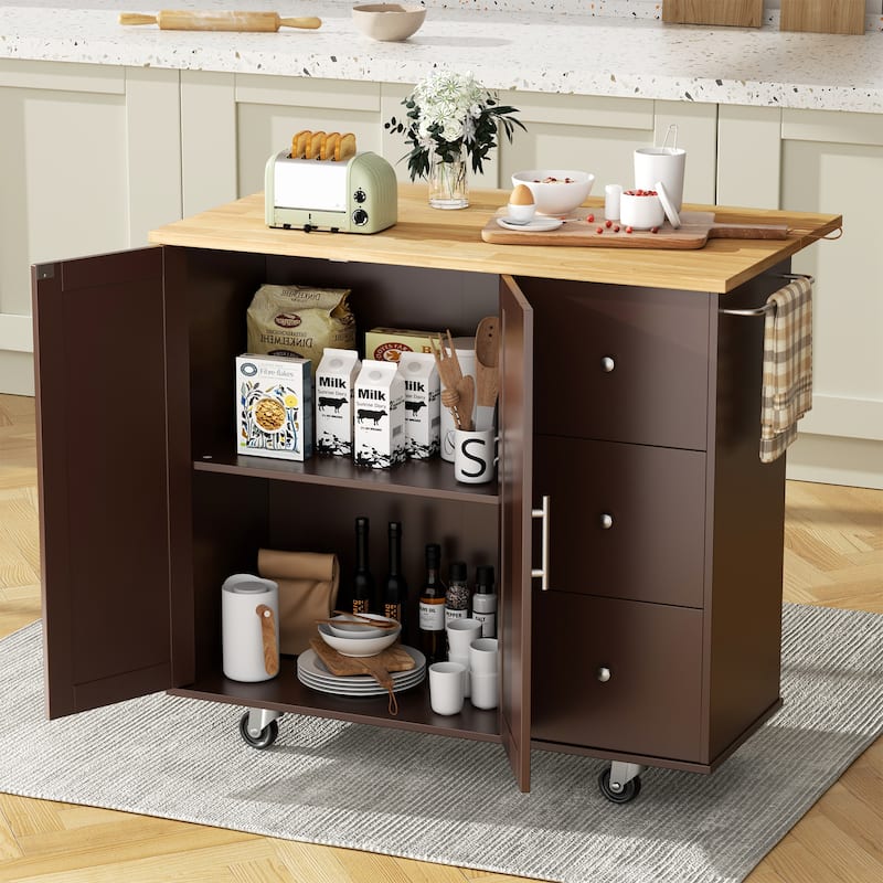 Rolling Kitchen Island with Storage Cabinet & 3 Drawers – Mobile Storage Cart with Extendable Countertop for Small Spaces