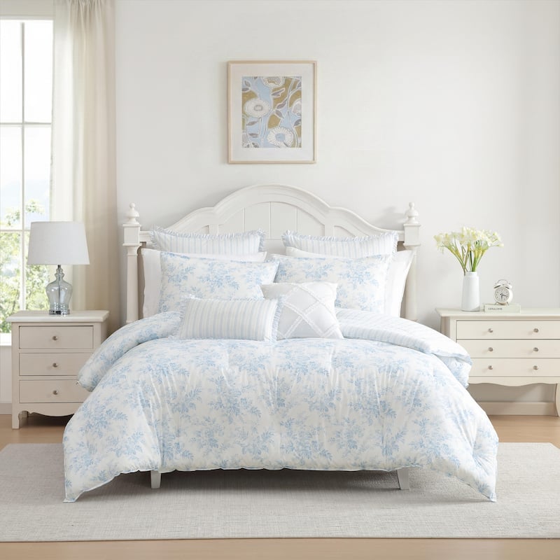 Laura Ashley Annalise Floral Reversible Stripe Breathable Cotton Comforter Set (Blue)