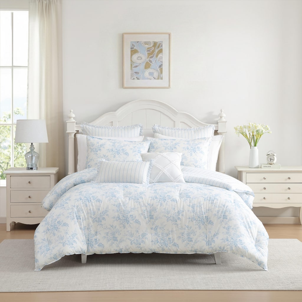 Laura Ashley Annalise Floral Reversible Stripe Breathable Cotton Comforter Set (Blue)