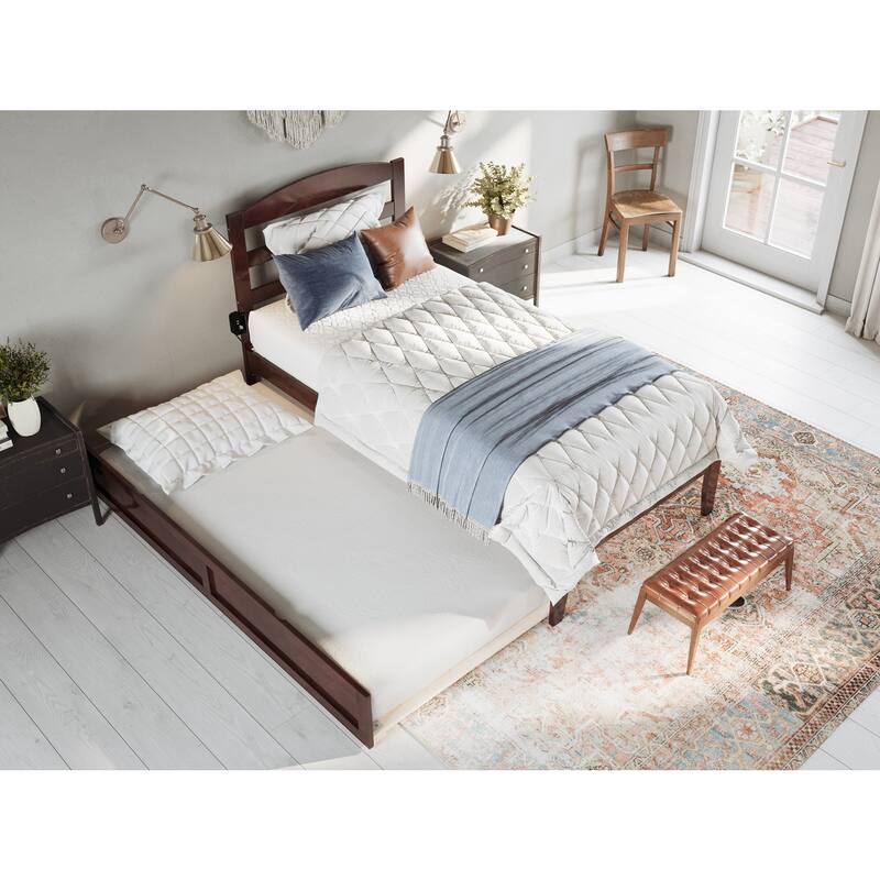 Lakefront Luxury Twin Trundle Bed with USB - Platform Bed Frame, Walnut Finish
