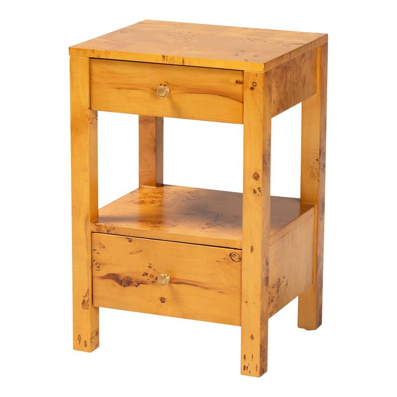 Azmi Modern and Contemporary Natural Light Mappa Real Burl Wood 2-Drawer Nightstand - Brown