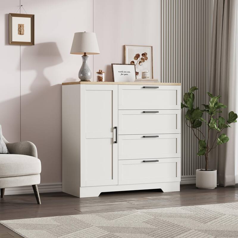 43.3'' Small Wardrobe Closet, Wardrobe Cabinet with Door, 4 Drawers and Handing Rod, Wooden Clothes Cabinet - Brown