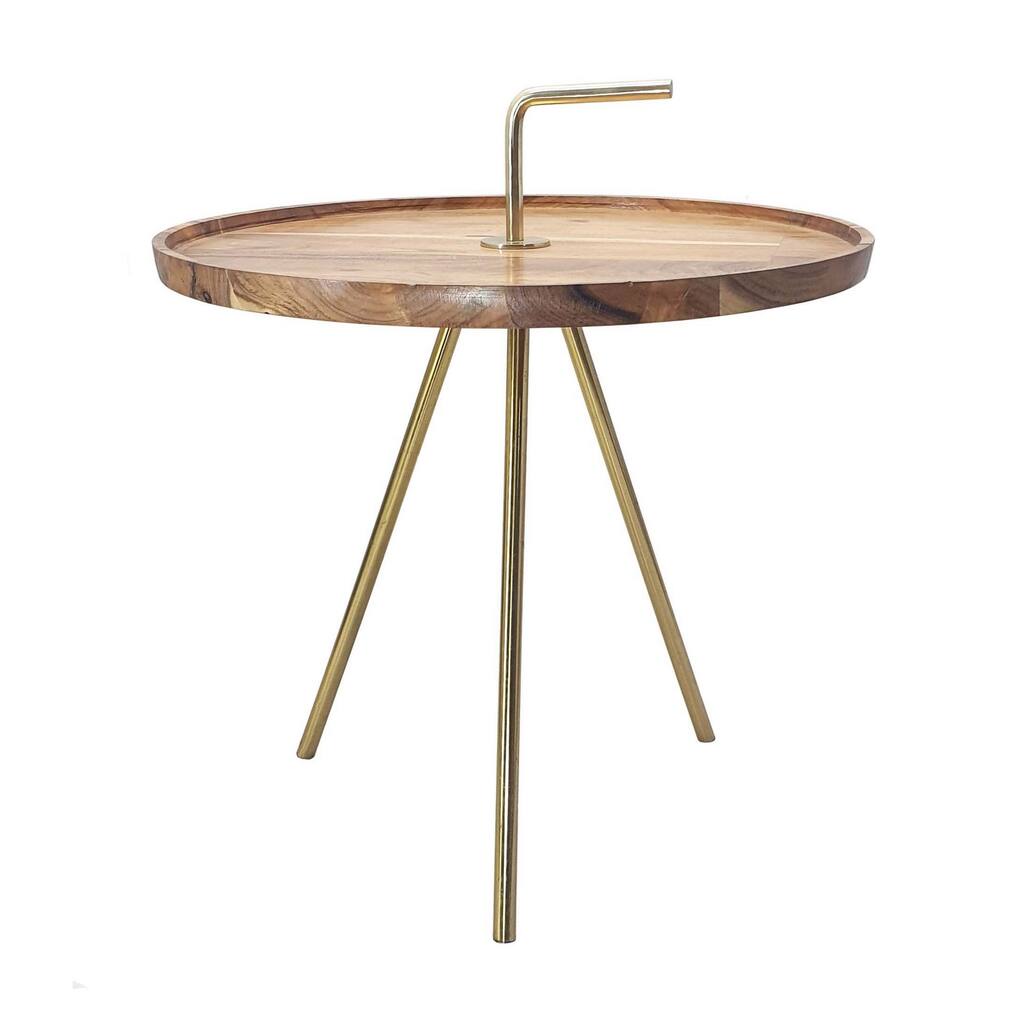 Skye 20 Inch Side Table, Round Wood Tabletop, Modern, Tri Metal Legs, Brown