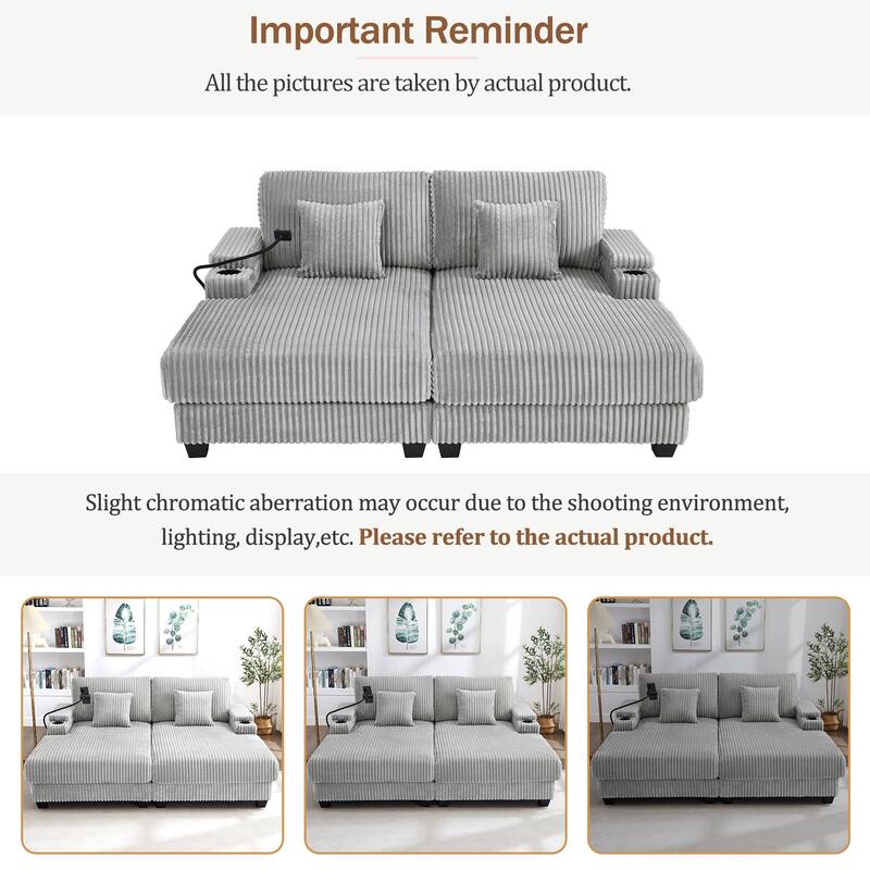 Corduroy Chaise Lounge Sofa Loveseat Sleeper Sofa with Adjustable Backrest, Cup Holders, Phone Holder and Dual Storage Armrest