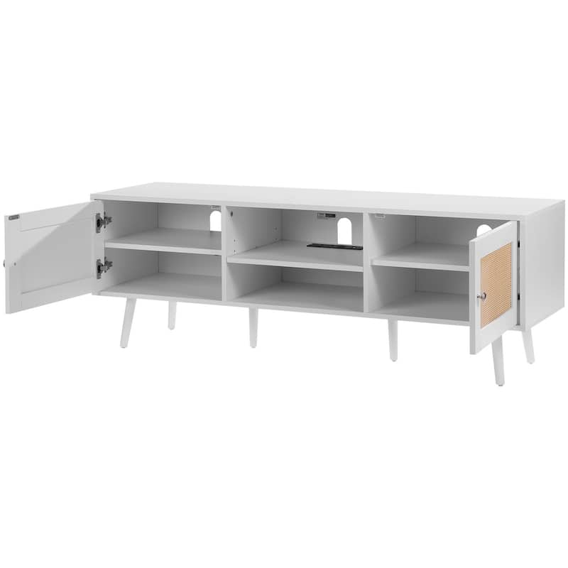 Modern Rattan TV Console for 65 Inch TV with Built-in Power Outlet - 55.1 x 15.8 x 19.7in