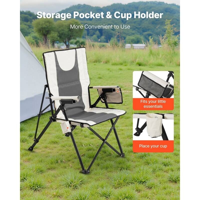Beige-Grey High-Back Folding Camping Chair with Cotton-Padded Oxford Fabricand Adjustable Recline - 22.83” x 32.67” x 55.11”