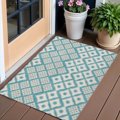Blue And Ivory Geometric Washable Indoor Outdoor Area Rug - 3' x 5'