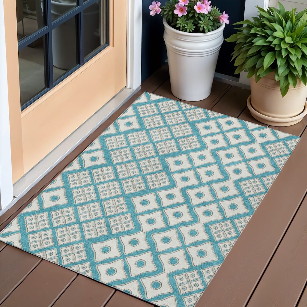 Blue And Ivory Geometric Washable Indoor Outdoor Area Rug - 3' x 5'
