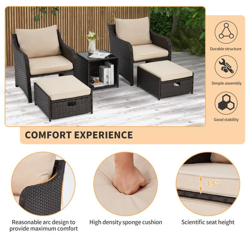 EROMMY 5-Piece Wicker Patio Furniture Set with Cushions - Rattan Chairs, Ottoman & Side Table for Balcony, Outdoor Lounge Set