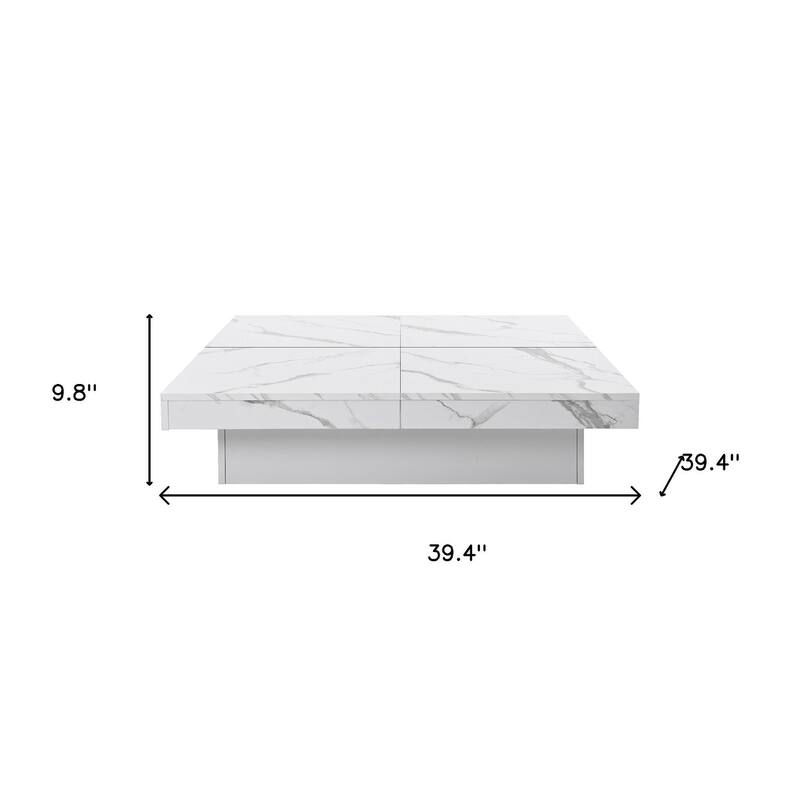 HomeRoots 39" White Faux Marble Wood Square Coffee Table With Storage - 39.40 in. x 9.80 in. x 39.40 in.