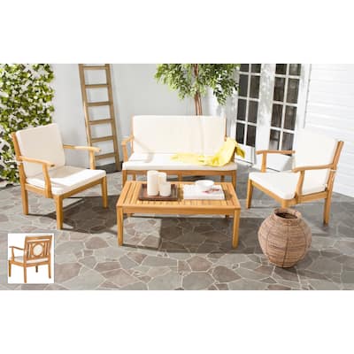 SAFAVIEH Outdoor Living Montclair Brown Acacia Wood 4-piece Beige Cushion Patio Set
