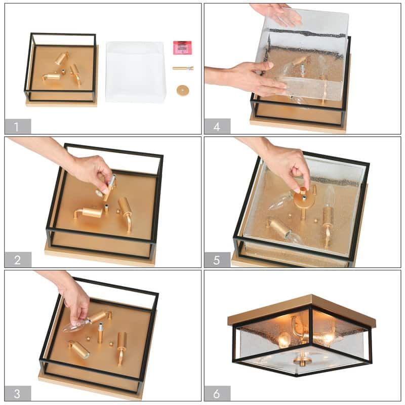 3-Light Modern Black Gold Square Flush Mount Ceiling Light with glass shade - 12" L x 12" W x 6" H