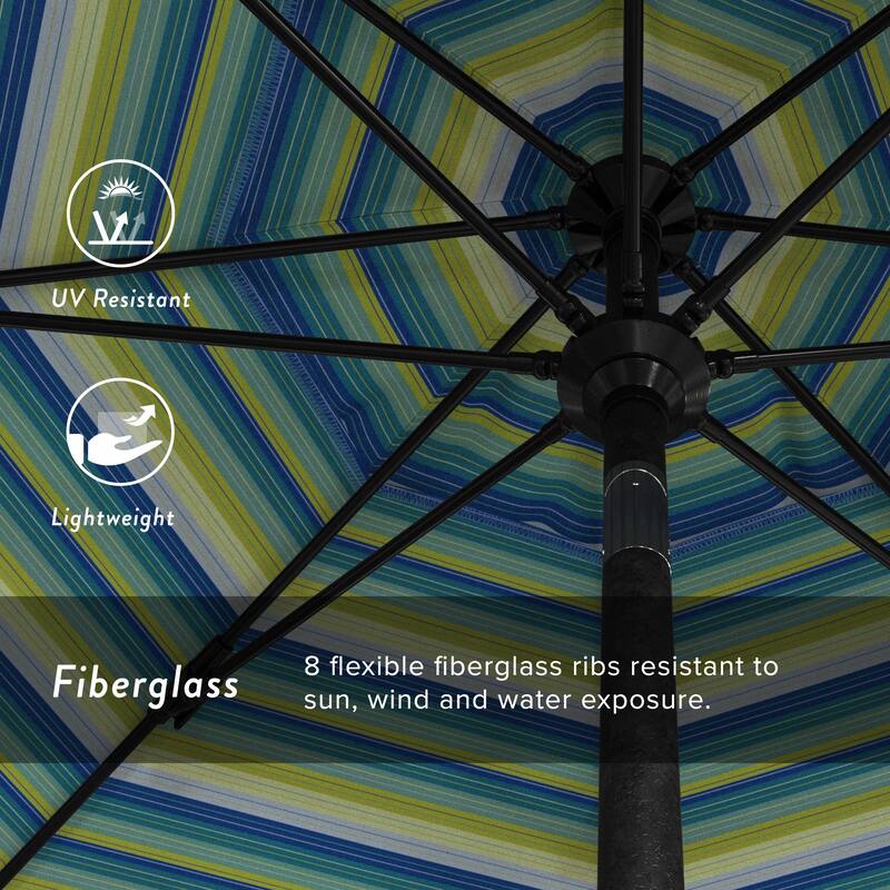 California Umbrella 9' Rd Patio Umbrella Black Aluminum Frame Fiberglass Ribs Crank Lift Collar Tilt, Sunbrella Cilantro