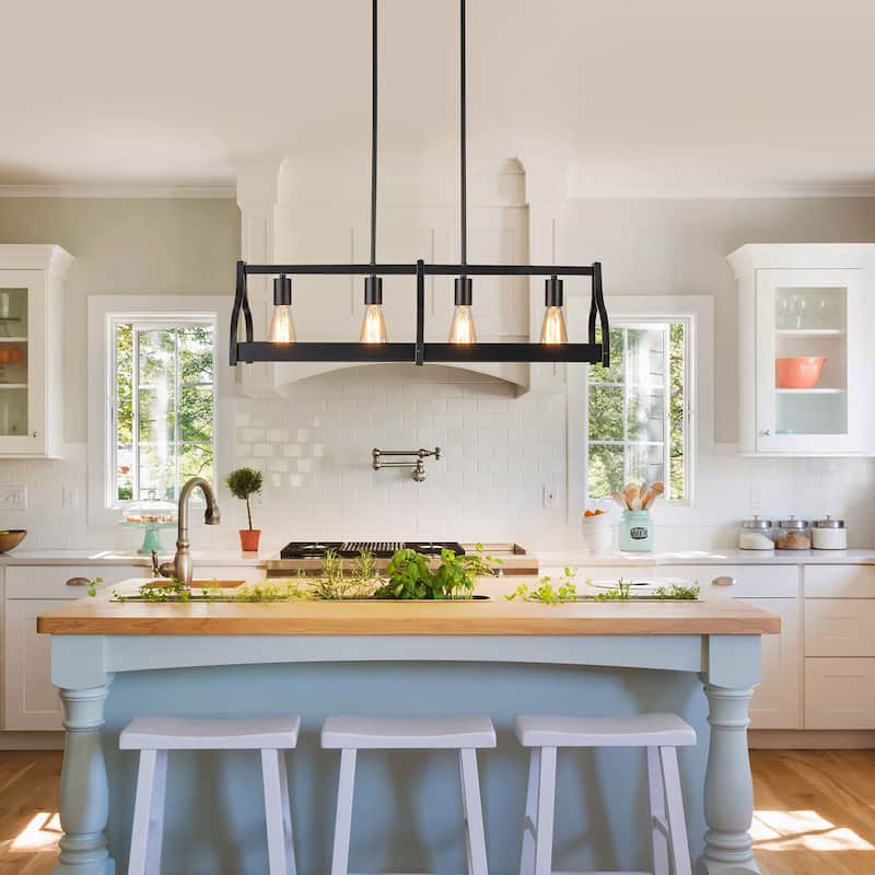 Starsky 4-Light Modern Farmhouse Black Chandelier Wooden Linear Kitchen Island Light