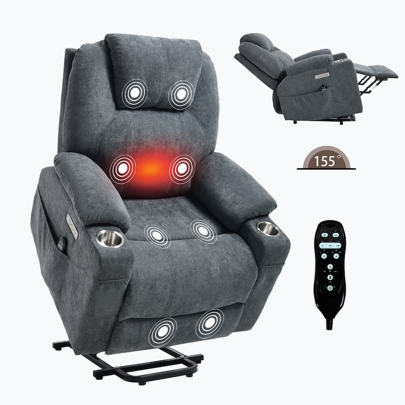 Power Lift Recliner Chair for Elderly Heated Vibration Massage, Lounge Sofa with USB Ports, Cup Holders & Side Pockets