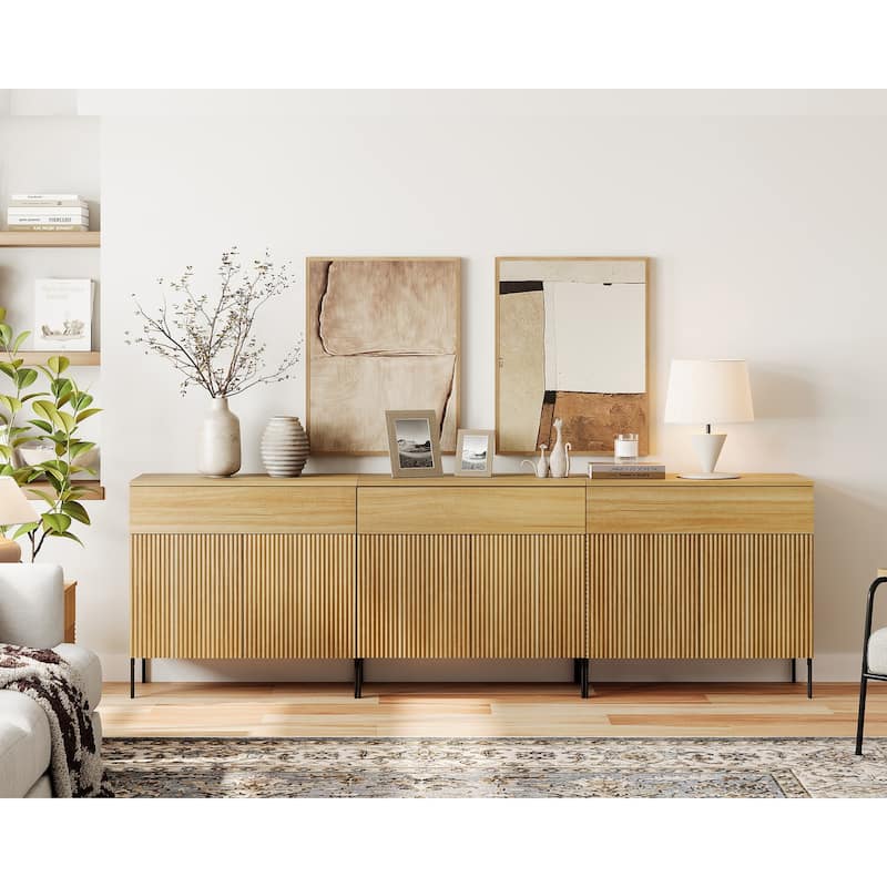 31.5" Wooden Reeded Sideboard With Doors And Drawer, Modern Credenza Storage Cabinet