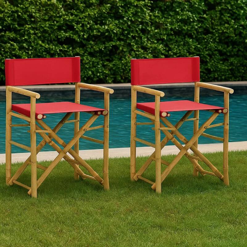 Outdoor Foldable Accent Chair Set of 2, Red Fabric, Brown Bamboo