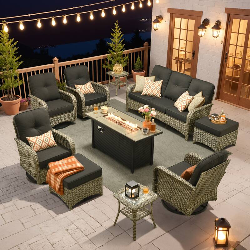 OVIOS 10-piece Patio Wicker Conversation Furniture Set with Fire Pit
