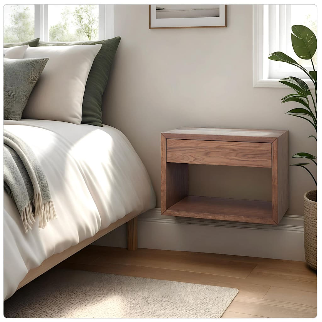 Modern Walnut Finish, Hardwood Floating Nightstand with Drawer