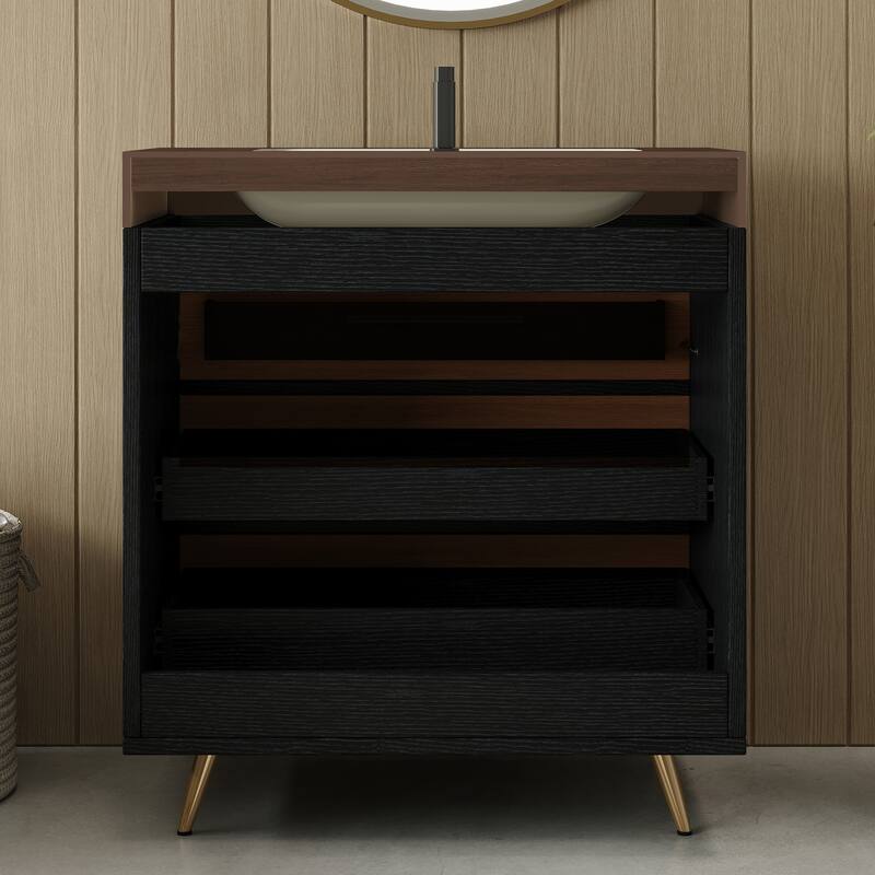 29.9" Modern Free-Standing Vanity with Ceramic Vessel Sink & Durable Sintered Stone Top