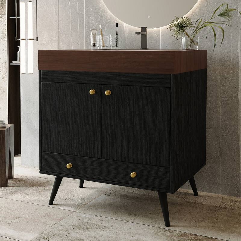 Free-standing Bathroom Vanity with Faux Marble Top & Ceramic Sink, 30" Double Door Storage Cabinet, Waterproof Engineered Wood