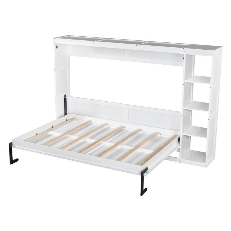 Full Size Murphy Bed with Bookshelf, Foldable Bed Frame with Storage Shelves, Wooden Cabinet Bed with Handle