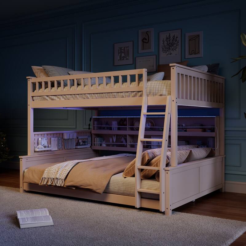 Full XL over Queen/Full over Full Bunk Bed with Integrated Shelving, Color-Changing Lights & Pegboard