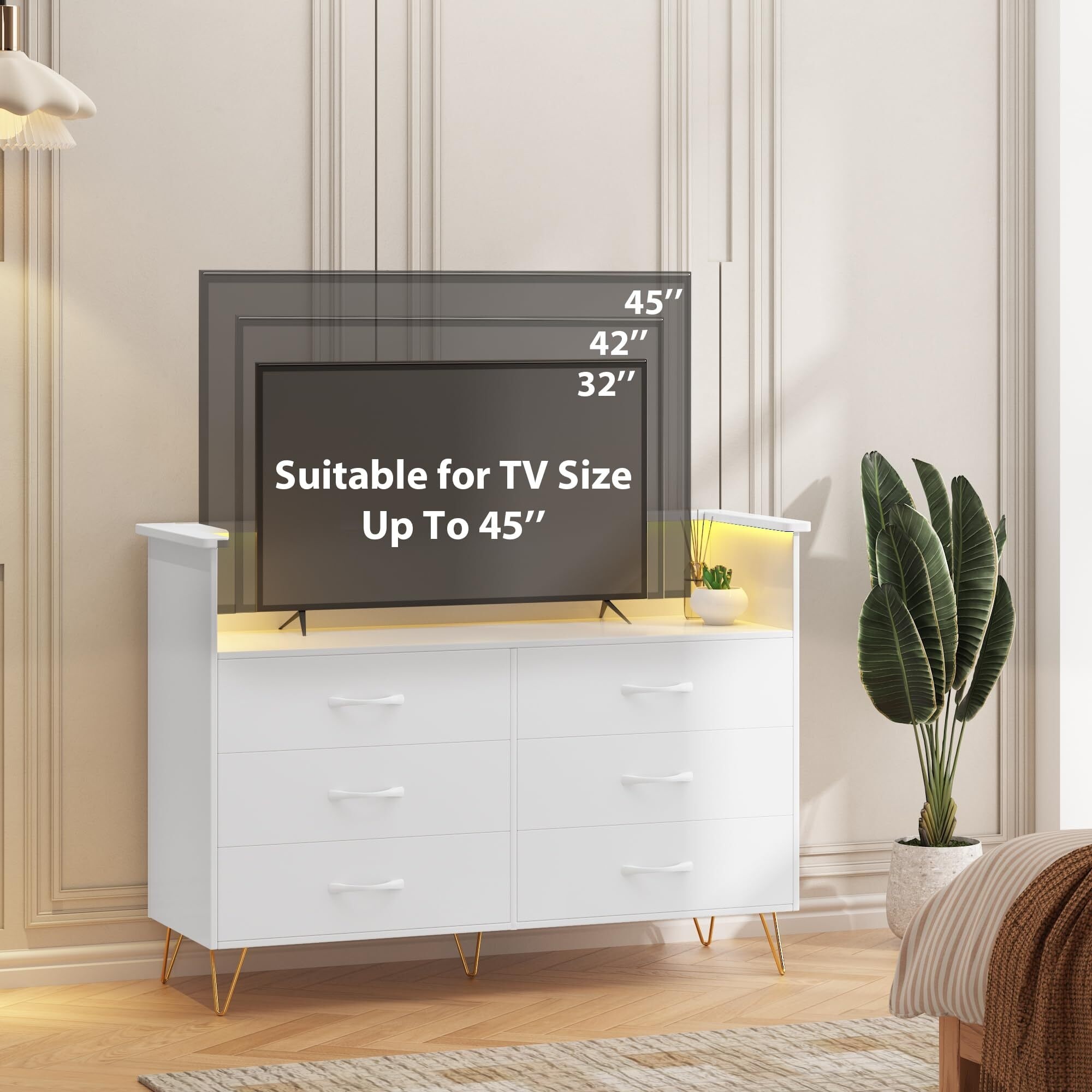 6 Wooden Drawers Dresser with Power Outlet LED Light