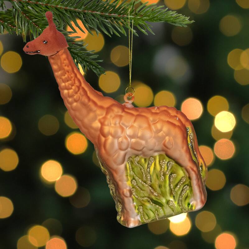 5" Orange Giraffe and Green Grass Glass Christmas Ornament