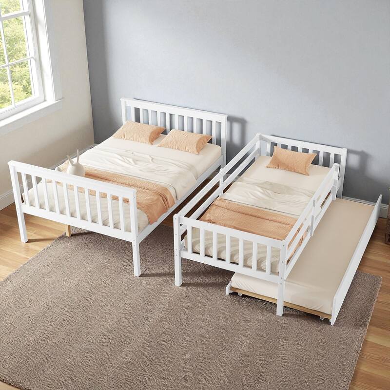 Twin Over Full Rubber Wood Bunk Bed with Twin Trundle, Convertible Ladder, Detachable Design, and Safety Guardrails