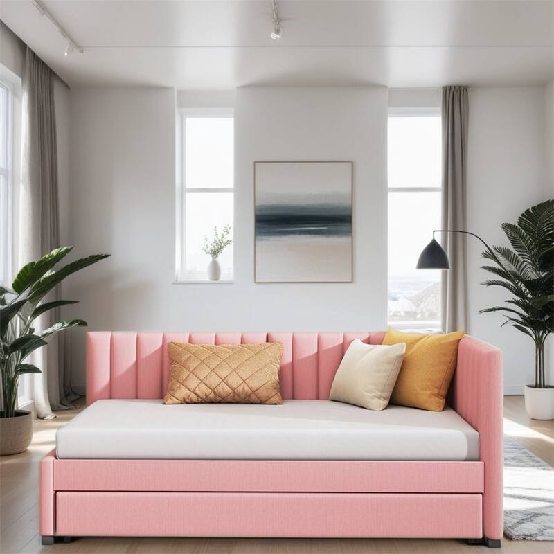 Twin Size Upholstered Sofa Bed Frame with Trundle - Pink