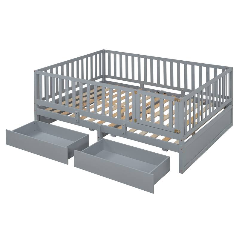 Pine Wood Daybed Floor Bed Frame with Fence Guardrails and 2 Drawers, Converts into Two Individual Beds, No Box Spring Needed